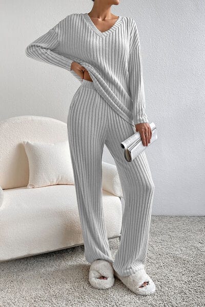 Gray Ribbed V-Neck Top and Pants Lounge Set