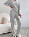 Gray Ribbed V-Neck Top and Pants Lounge Set