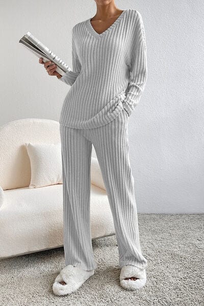 Gray Ribbed V-Neck Top and Pants Lounge Set