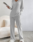 Gray Ribbed V-Neck Top and Pants Lounge Set