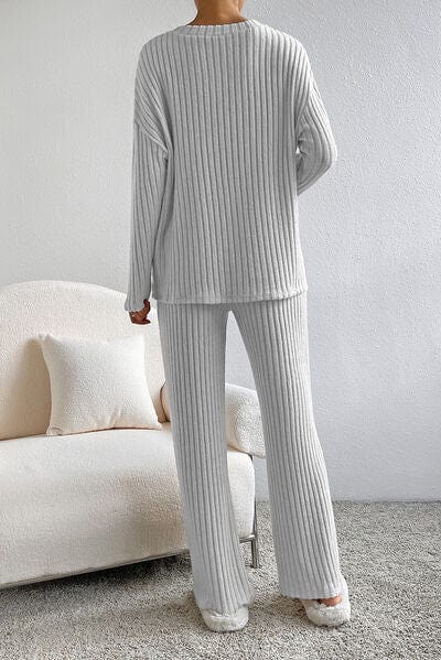 Gray Ribbed V-Neck Top and Pants Lounge Set