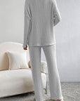 Gray Ribbed V-Neck Top and Pants Lounge Set