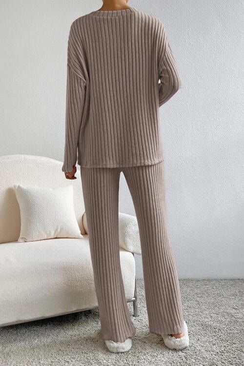 Gray Ribbed V-Neck Top and Pants Set