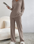 Gray Ribbed V-Neck Top and Pants Set