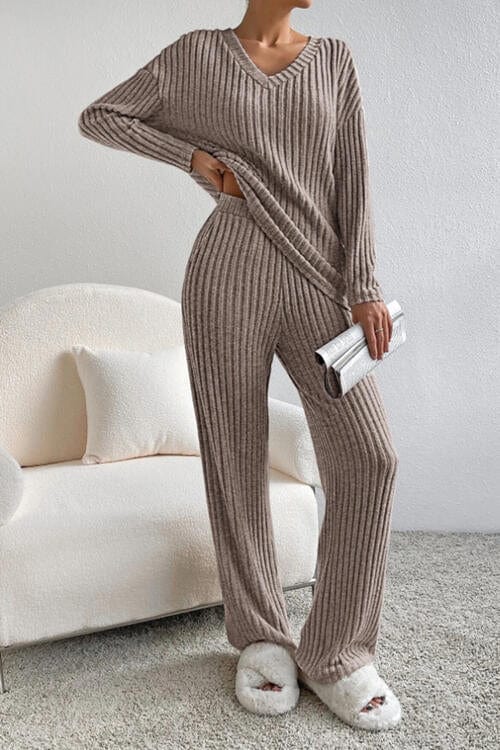 Gray Ribbed V-Neck Top and Pants Set