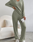 Gray Ribbed V-Neck Top and Pants Set