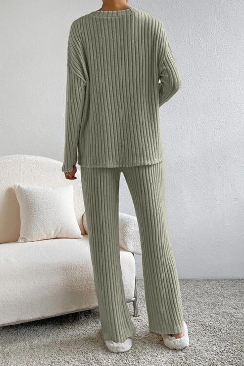 Gray Ribbed V-Neck Top and Pants Set