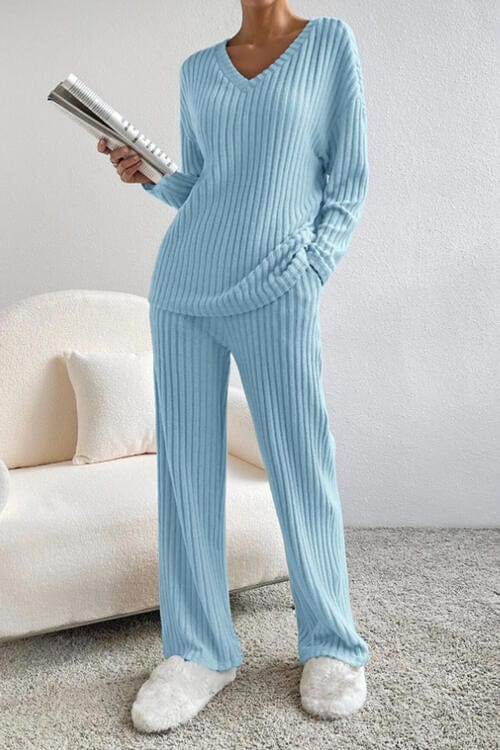 Gray Ribbed V-Neck Top and Pants Set