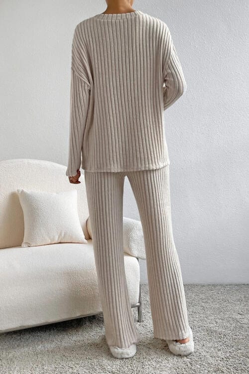 Gray Ribbed V-Neck Top and Pants Set