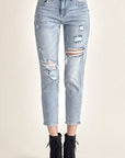 Light Gray RISEN Distressed Slim Cropped Jeans