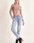 Antique White RISEN Distressed Slim Cropped Jeans