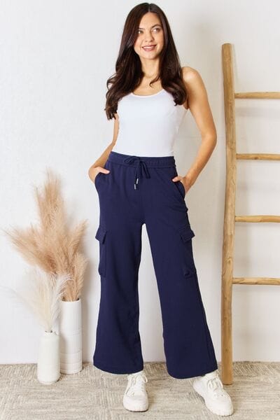 Light Gray RISEN Drawstring Relaxed Cargo Wide Leg Pants