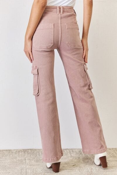 Light Gray RISEN Full Size High Rise Cargo Wide Leg Jeans