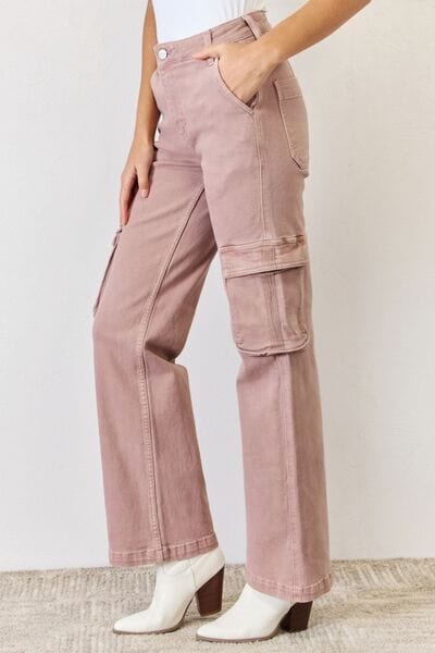Light Gray RISEN Full Size High Rise Cargo Wide Leg Jeans