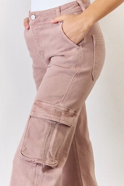 Light Gray RISEN Full Size High Rise Cargo Wide Leg Jeans