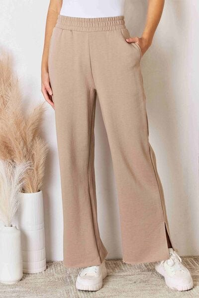 Tan RISEN Wide Waistband Slit Wide Leg Pants