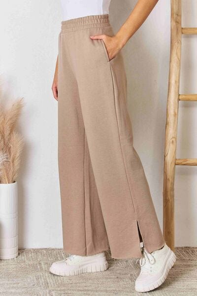 Rosy Brown RISEN Wide Waistband Slit Wide Leg Pants