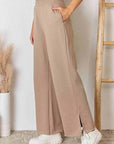 Rosy Brown RISEN Wide Waistband Slit Wide Leg Pants