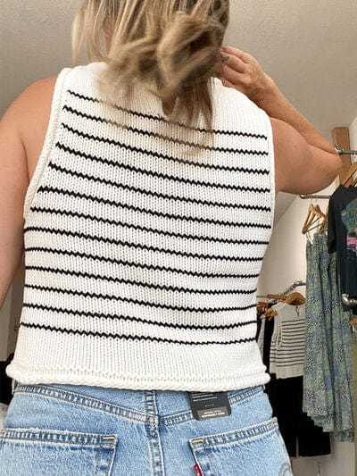 Gray Rolled Striped Round Neck Sweater Vest