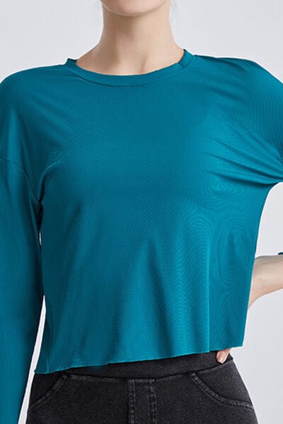 Dark Cyan Round Neck Dropped Shoulder Active T-Shirt