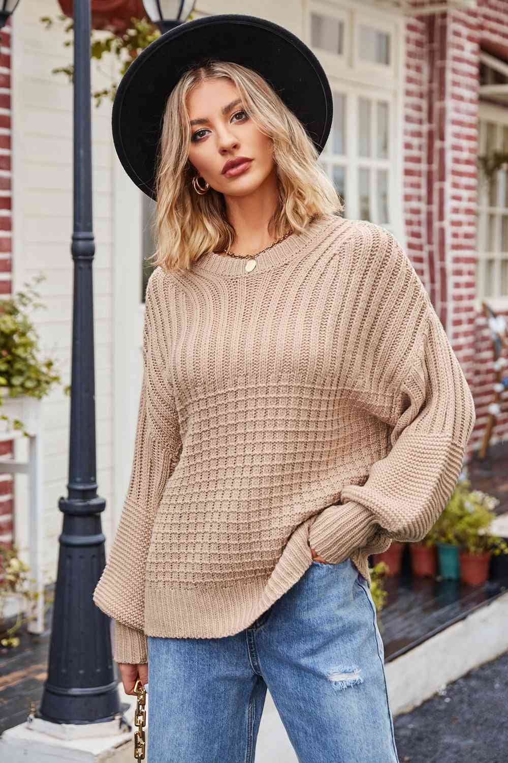 Gray Round Neck Dropped Shoulder Sweater