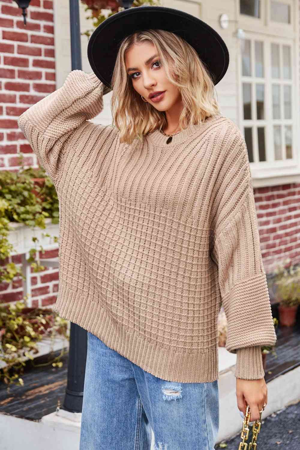 Dark Gray Round Neck Dropped Shoulder Sweater