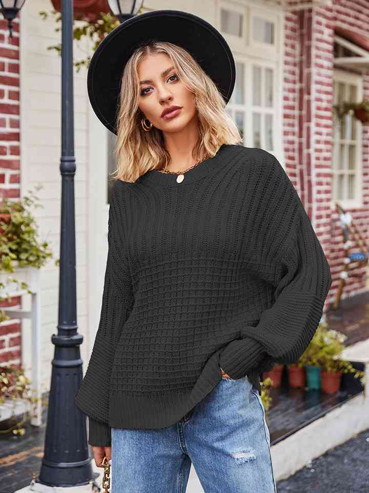 Dark Slate Gray Round Neck Dropped Shoulder Sweater