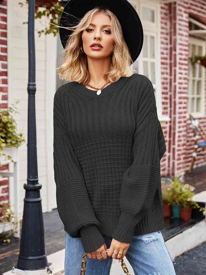 Dark Slate Gray Round Neck Dropped Shoulder Sweater