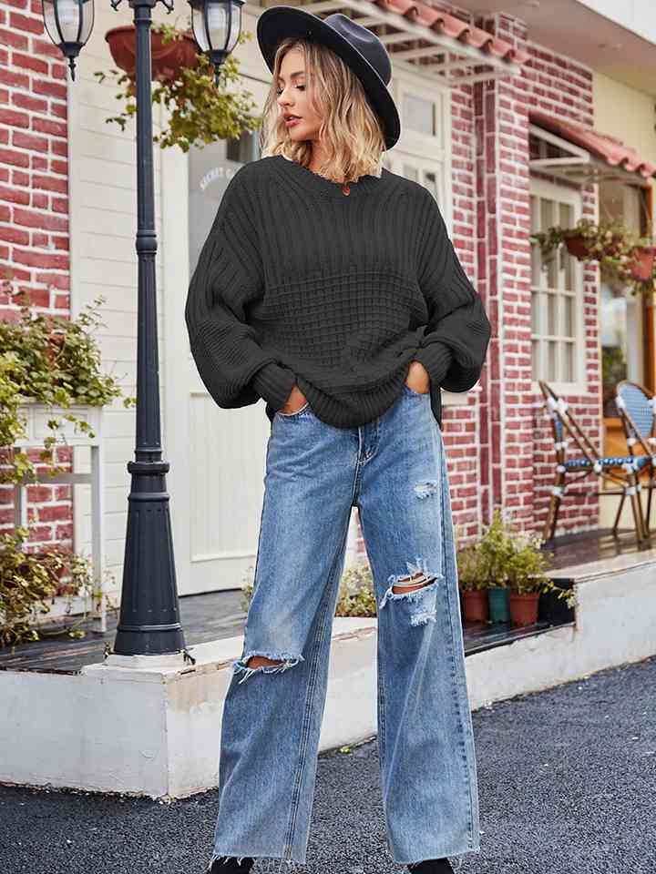 Dark Gray Round Neck Dropped Shoulder Sweater