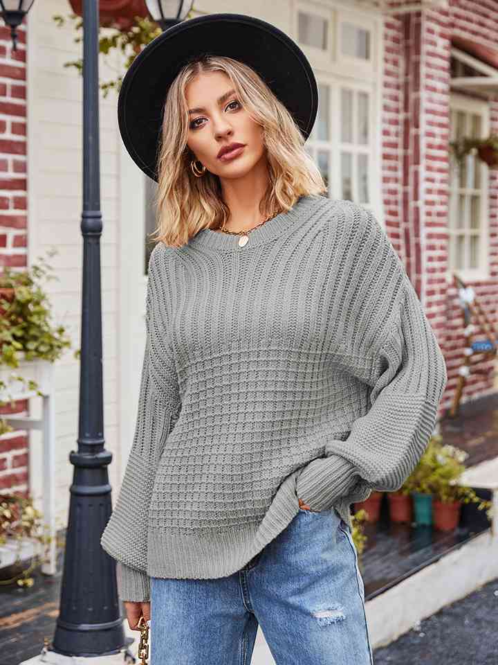 Dark Gray Round Neck Dropped Shoulder Sweater