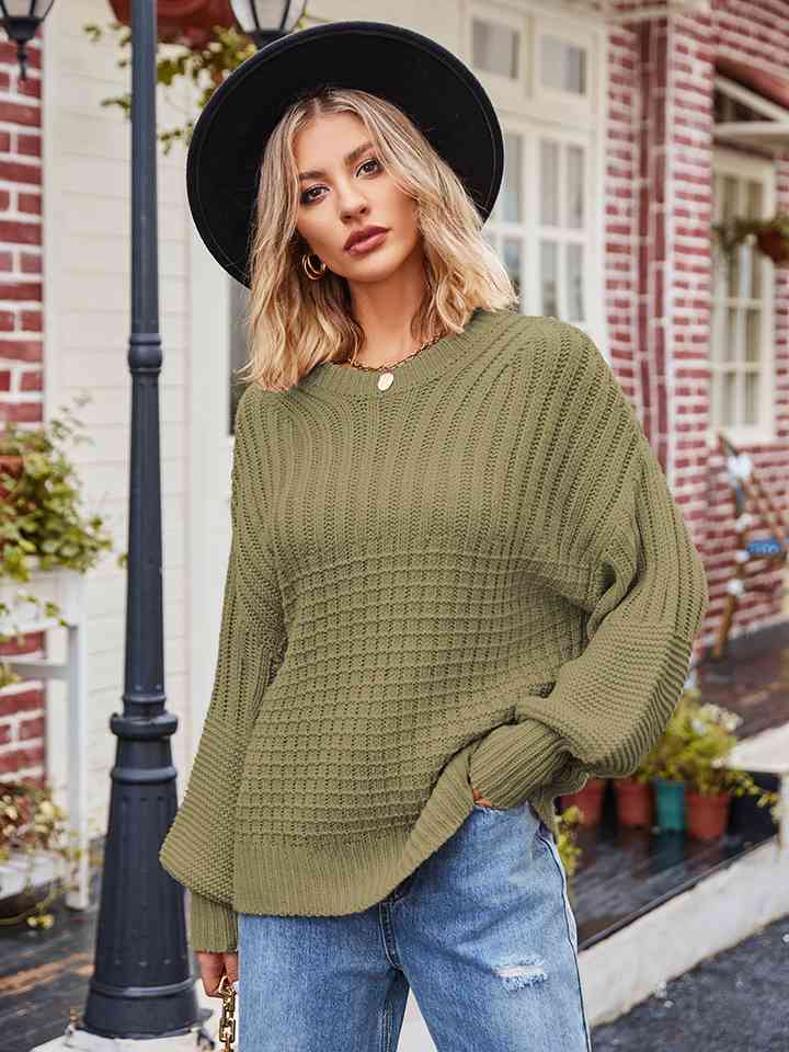 Dim Gray Round Neck Dropped Shoulder Sweater