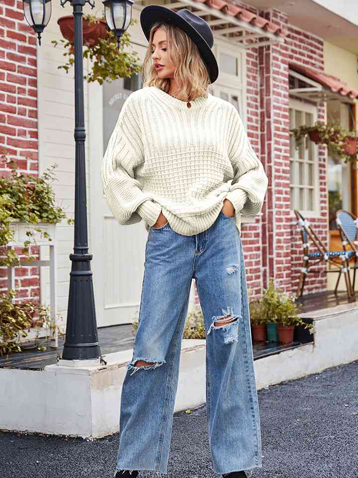 Gray Round Neck Dropped Shoulder Sweater