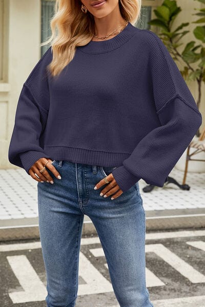 Dark Slate Gray Round Neck Dropped Shoulder Sweater