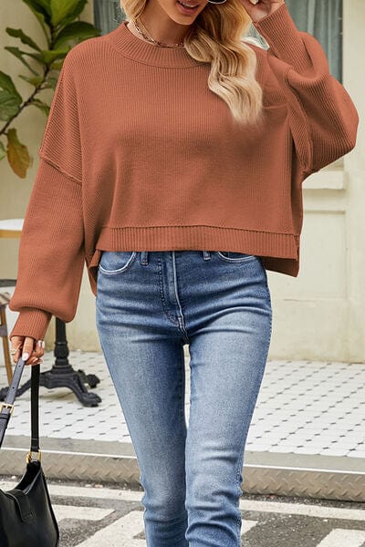 Dim Gray Round Neck Dropped Shoulder Sweater