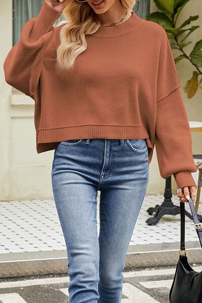 Dim Gray Round Neck Dropped Shoulder Sweater