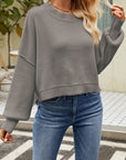 Dim Gray Round Neck Dropped Shoulder Sweater