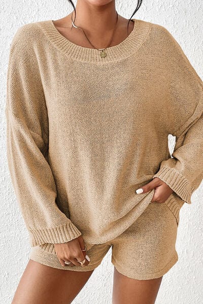 Rosy Brown Round Neck Dropped Shoulder Sweater and Drawstring Pants Set