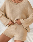 Tan Round Neck Dropped Shoulder Sweater and Drawstring Pants Set