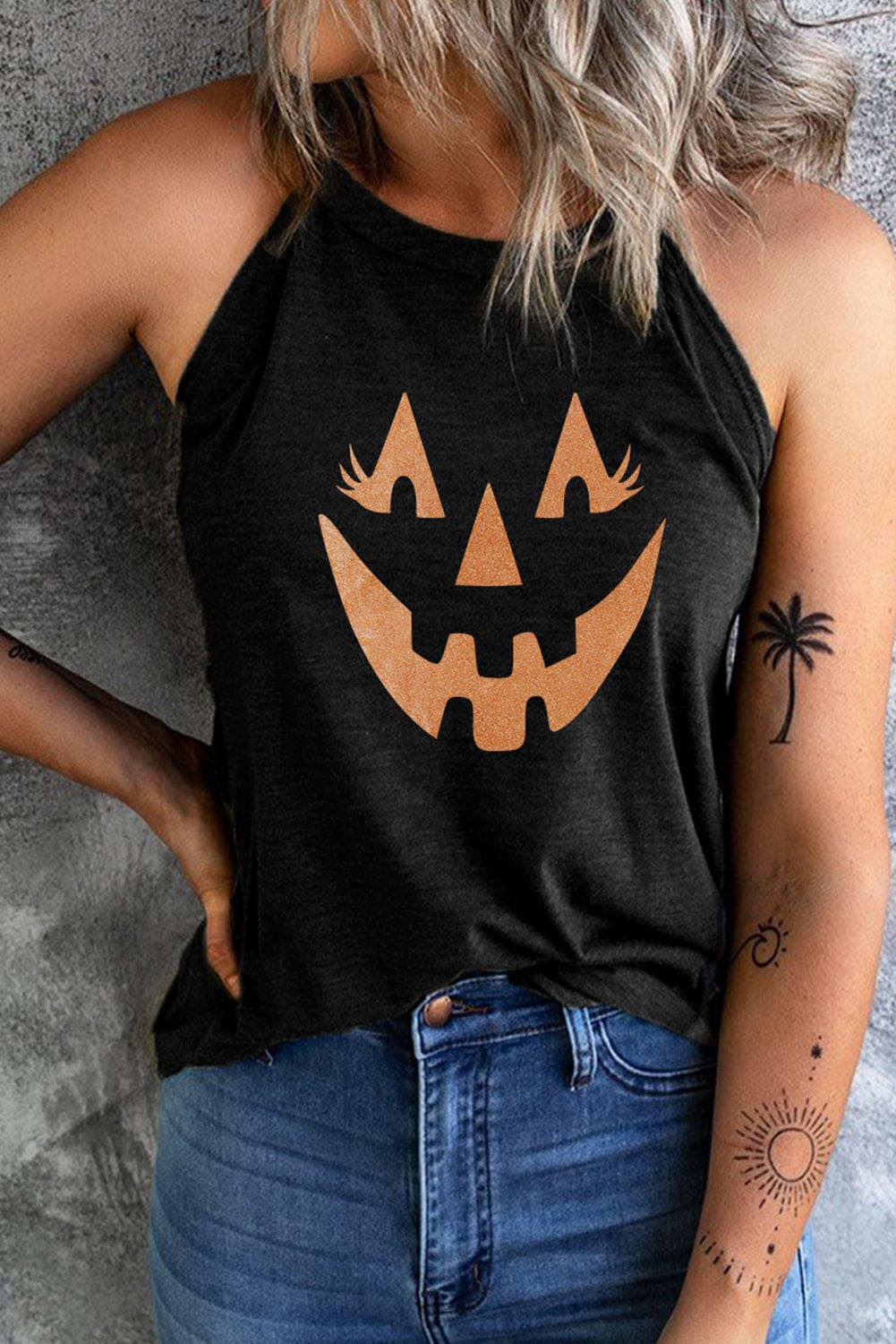 Dark Slate Gray Round Neck Jack-O'-Lantern Graphic Tank Top