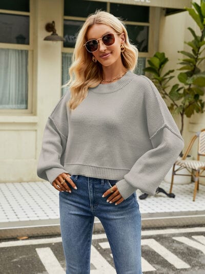 Dark Gray Round Neck Lantern Sleeve Sweater