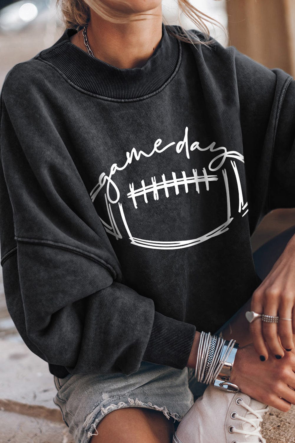 Dark Slate Gray Round Neck Long Sleeve FOOTBALL Graphic Sweatshirt