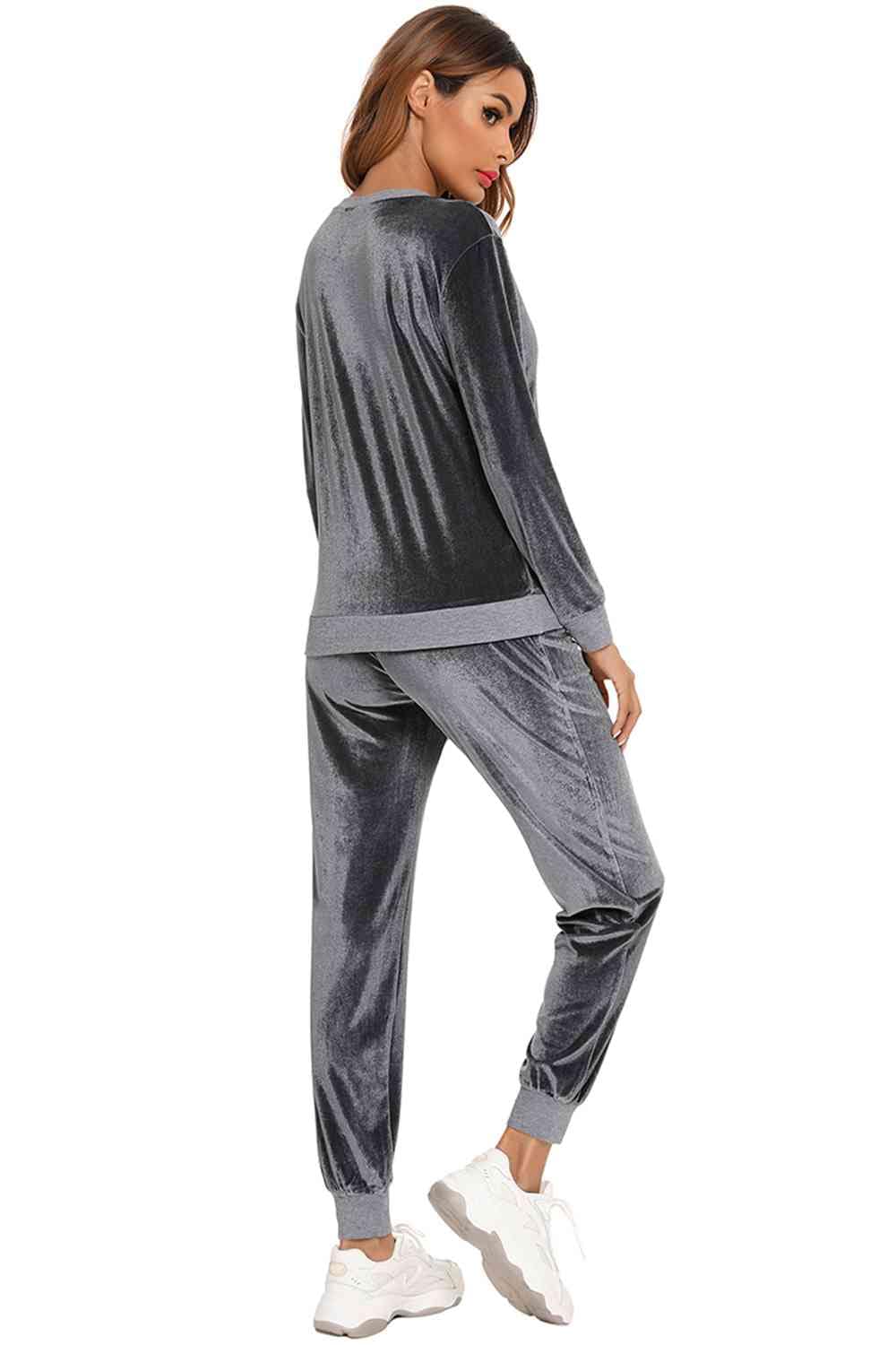 Dim Gray Round Neck Long Sleeve Loungewear Set with Pockets