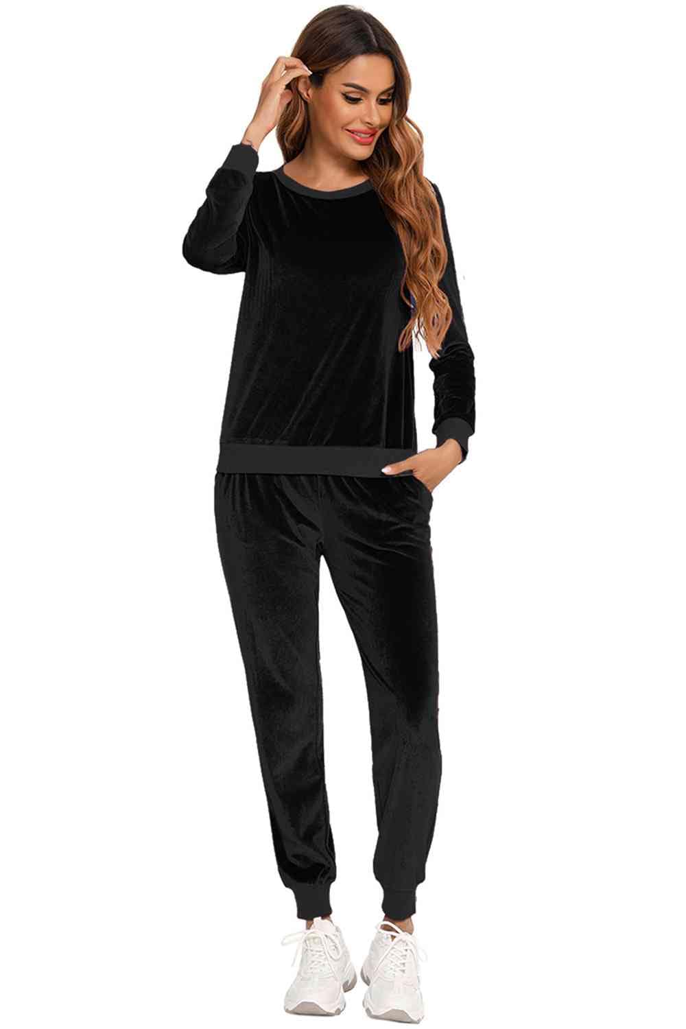 Tan Round Neck Long Sleeve Loungewear Set with Pockets