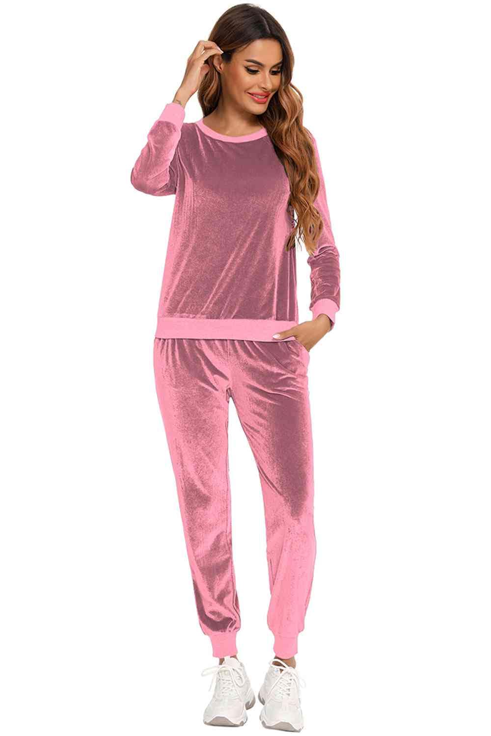 Pale Violet Red Round Neck Long Sleeve Loungewear Set with Pockets