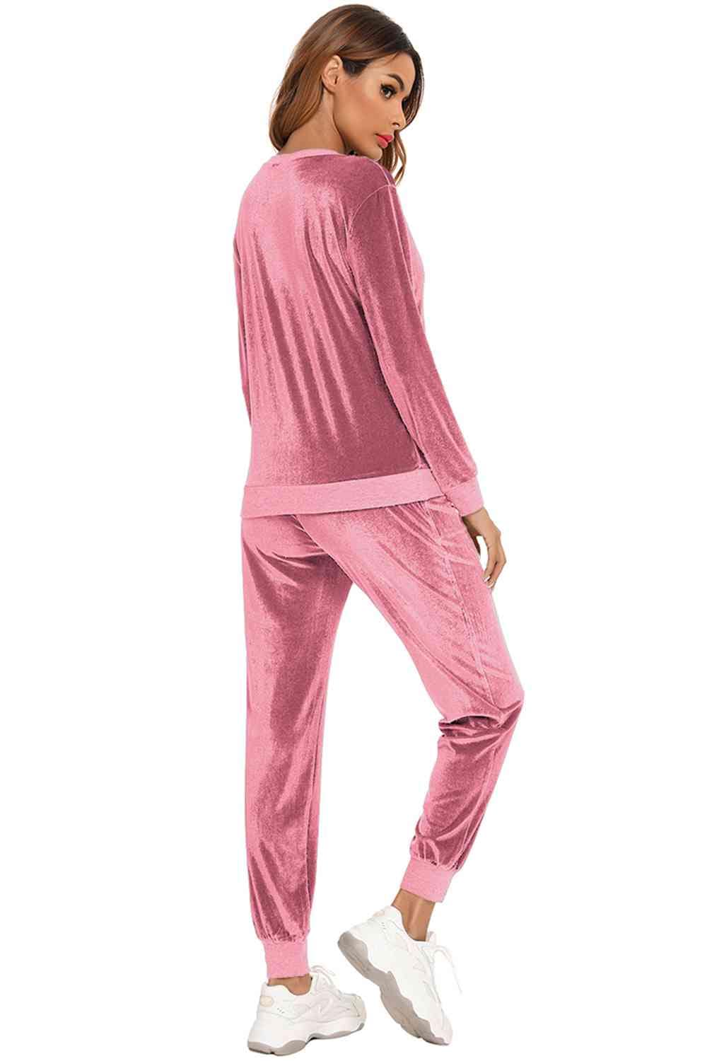 Pale Violet Red Round Neck Long Sleeve Loungewear Set with Pockets