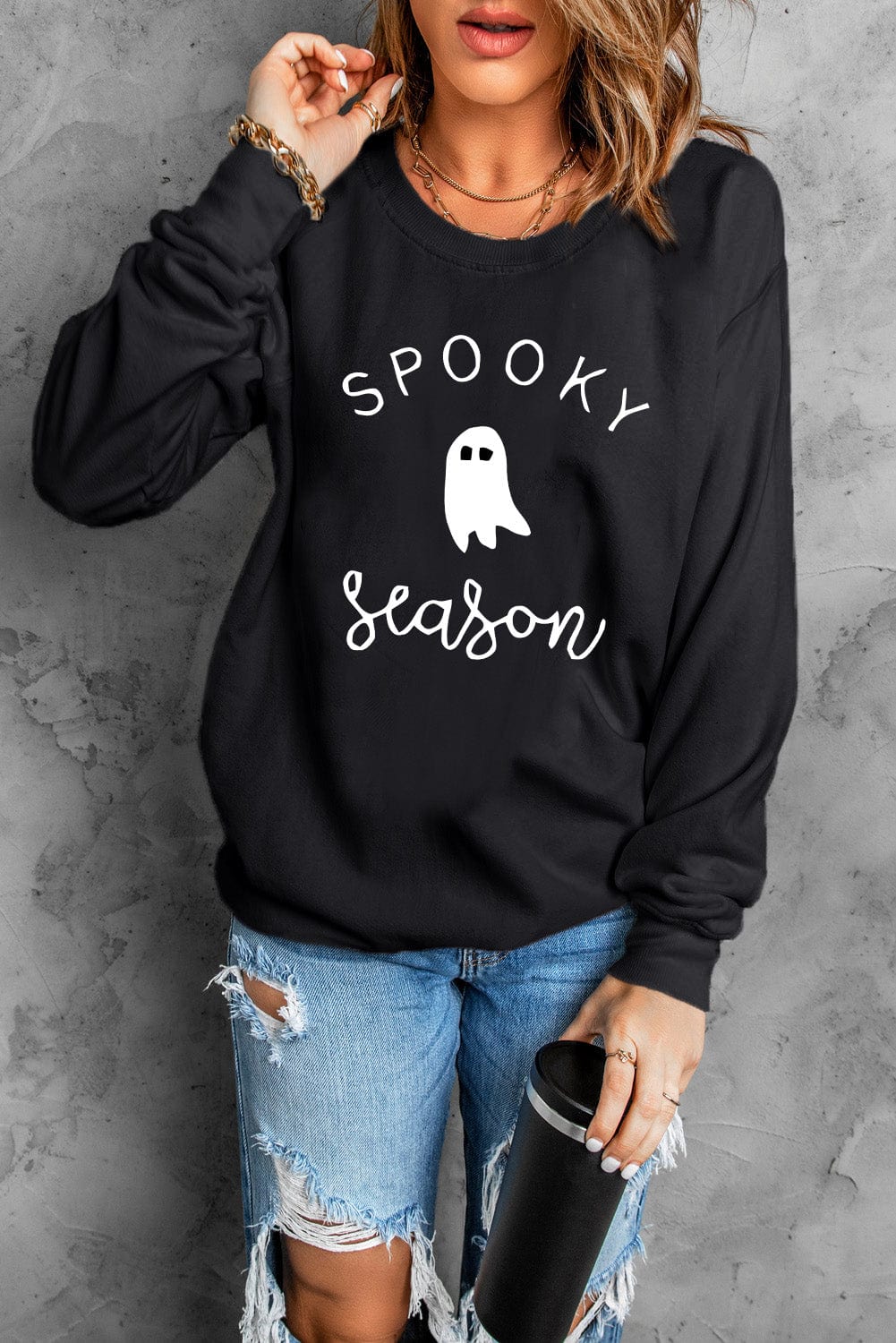 Dark Slate Gray Round Neck Long Sleeve SPOOKY SEASON Graphic Sweatshirt