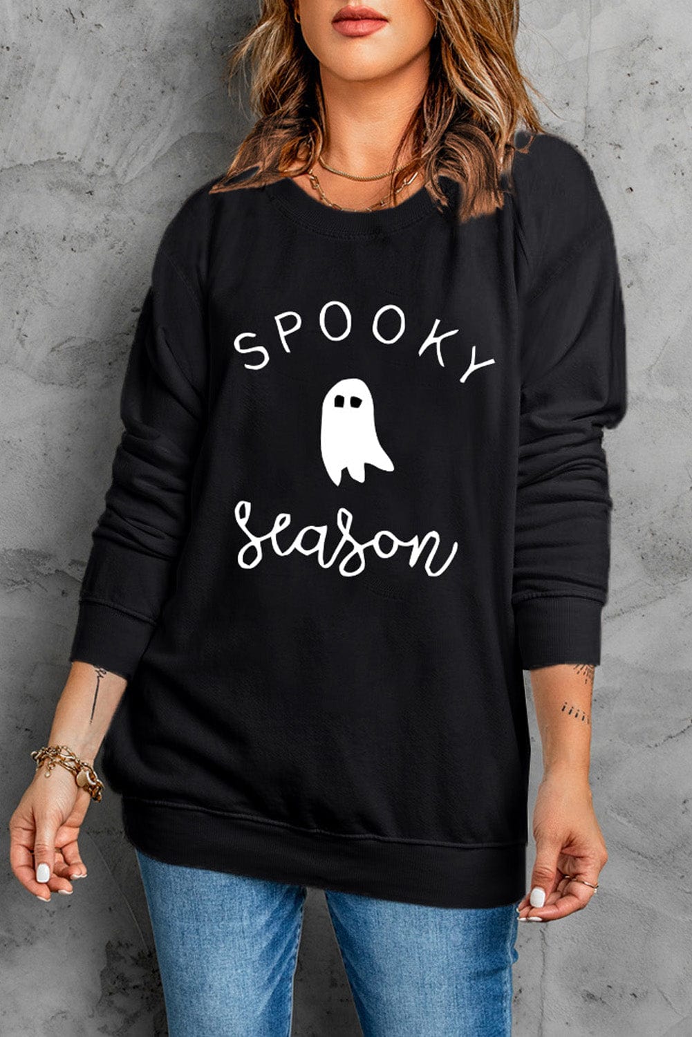 Black Round Neck Long Sleeve SPOOKY SEASON Graphic Sweatshirt