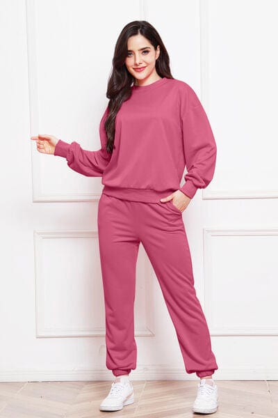 Misty Rose Round Neck Long Sleeve Sweatshirt and Pants Set