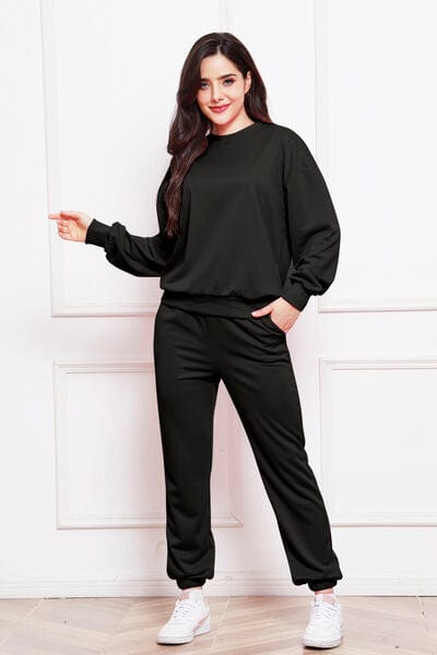 Black Round Neck Long Sleeve Sweatshirt and Pants Set