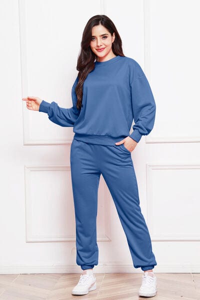 Dark Slate Blue Round Neck Long Sleeve Sweatshirt and Pants Set